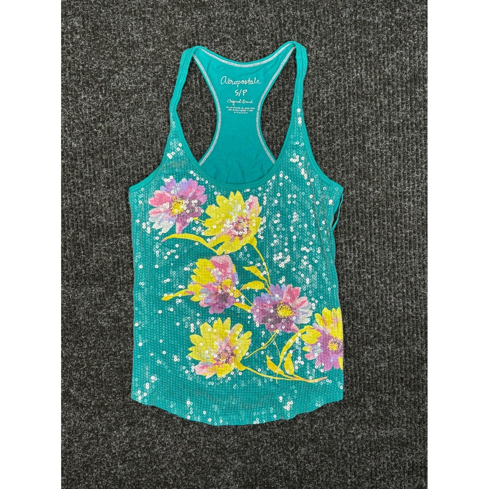 Aeropostale Teal Floral Sequin Racerback Tank Top Small Y2K Cotton Modal